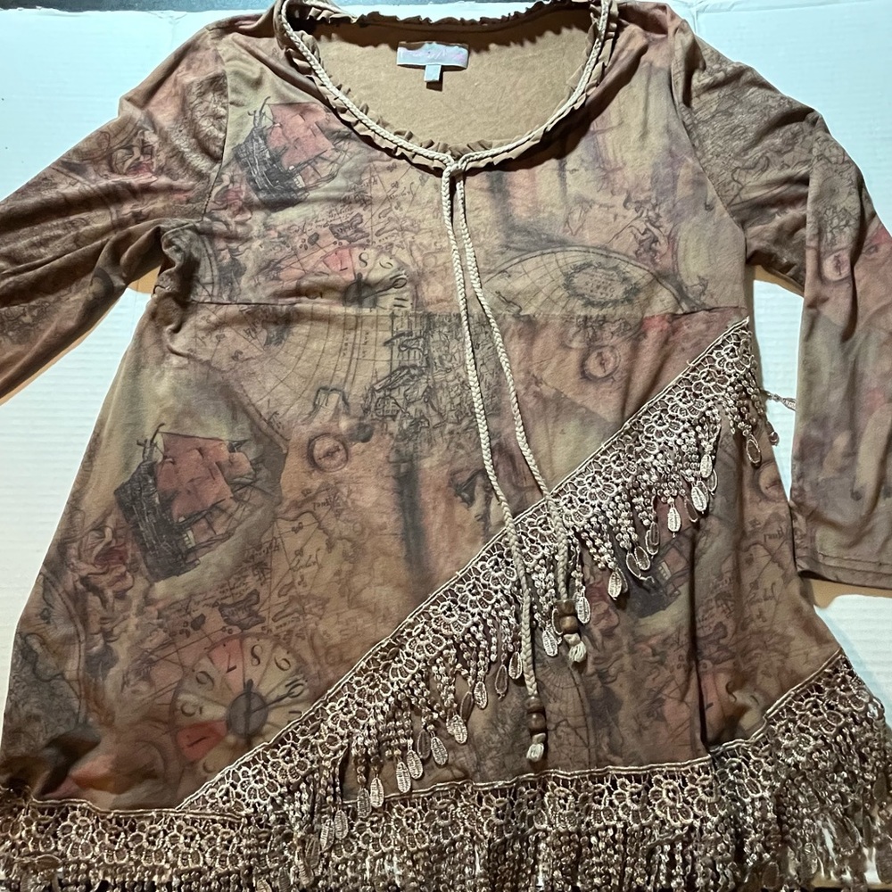 Pretty Angel Brown Tunic with Lace and Fringe